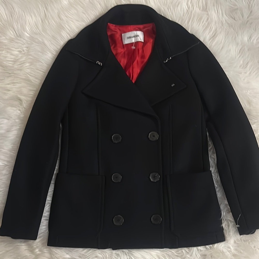 Zadig & Voltaire Black Peacoat Wool-Blend Structured PTP 17 inches